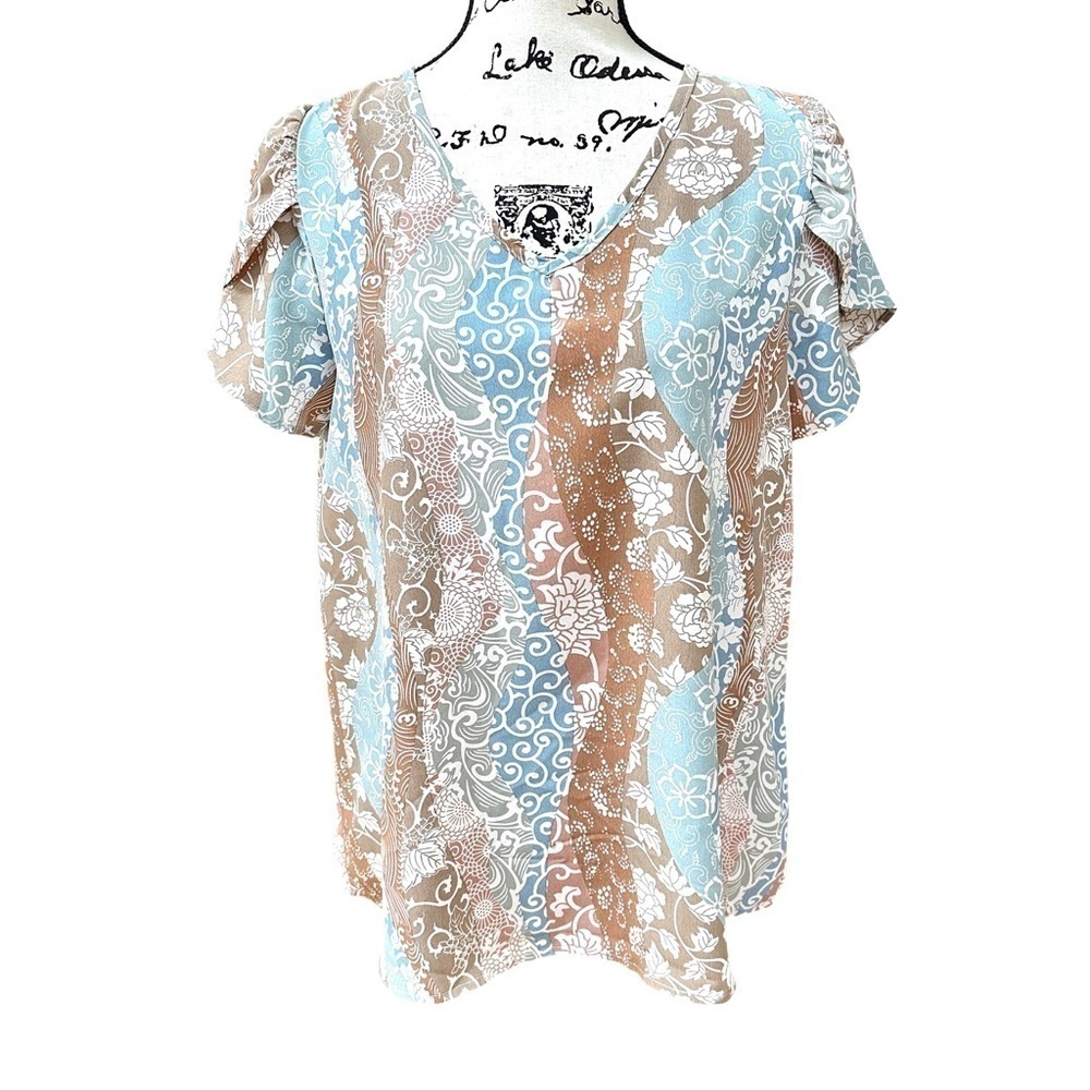 Perfect Peach Abstract Floral Moroccan V-Neck Top Size S